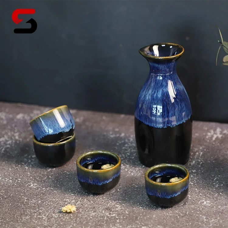 5 piece Ceramic Japanese Styled Sake Set In Blue, 1 Bottle and 4 Cups