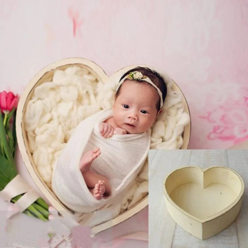 Infants Photography Props Heart Shape Box Wooden Basin Full Moon Baby Pose Auxiliary Photo Shooting Basket