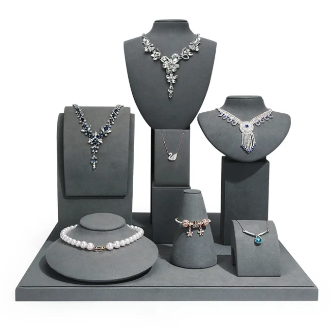 
New Arrivals Necklace Bust Jewelry Display Stand Holder Shop Exhibitor Grey Gray Microfiber Luxury Jewellery Display Stand Sets 