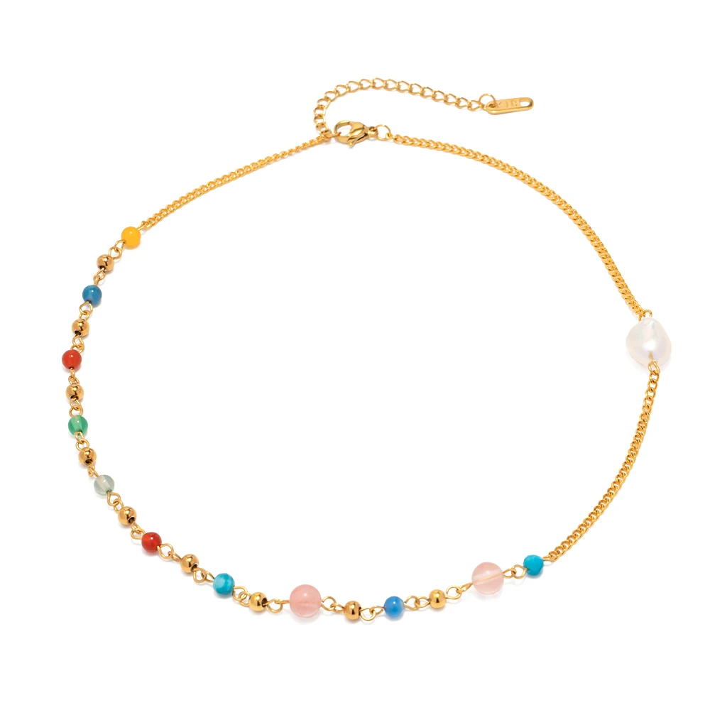18K Gold Plated Stainless Steel Jewelry Gift Candy Color Natural Stone Freshwater Pearl Choker Necklace
