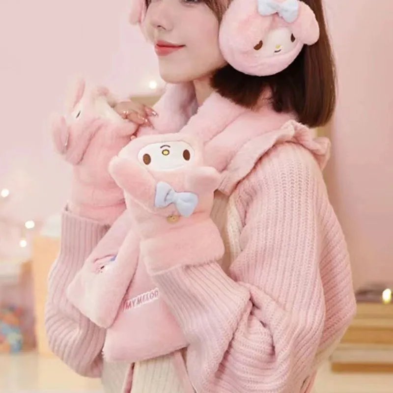 Cute My Melody Kawaii Kuromi Cinnamoroll Winter Set Includes 3Pcs Plush Earmuffs Scarf Flip Gloves Soft Thicken Warm Girl Cute