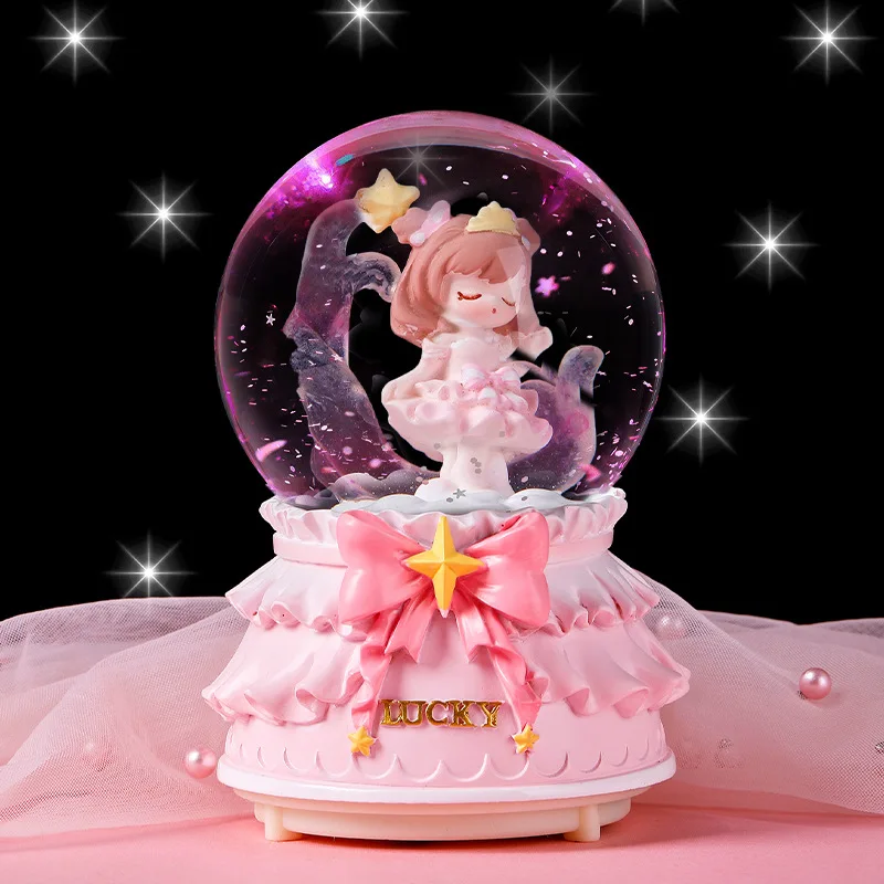 High Quality Cute Girl Queen Spaceman Theme Colourful Light Automatic Snowing And Spin Merry-go-round Music Box Crystal Ball