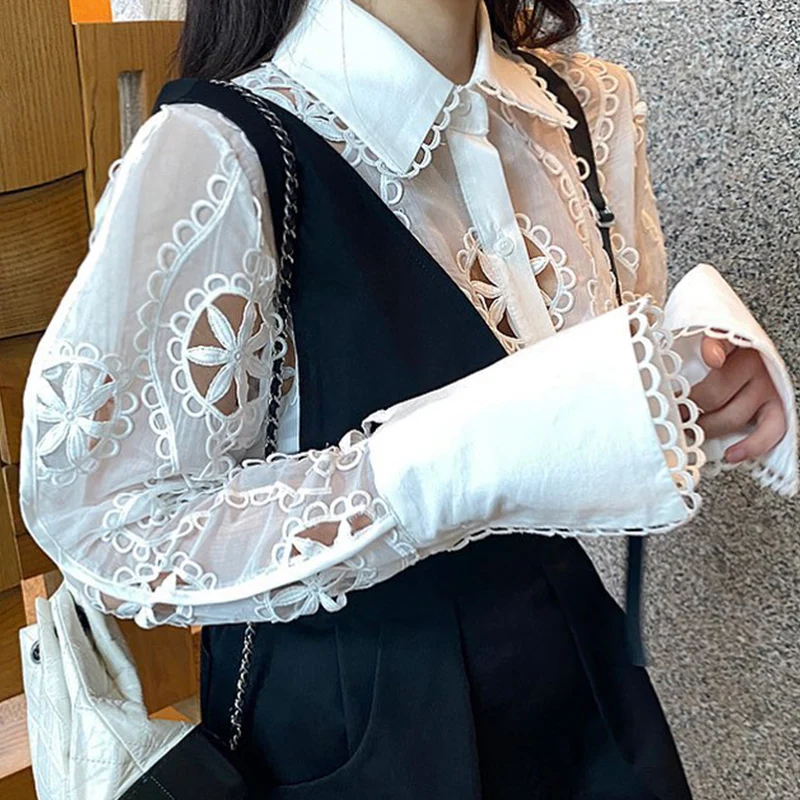 Wholesale 2023 Korea East Gate Spring Elegant Polo Hollow Mesh Pattern Design Single Breasted Loose Bubble Sleeve Shirt