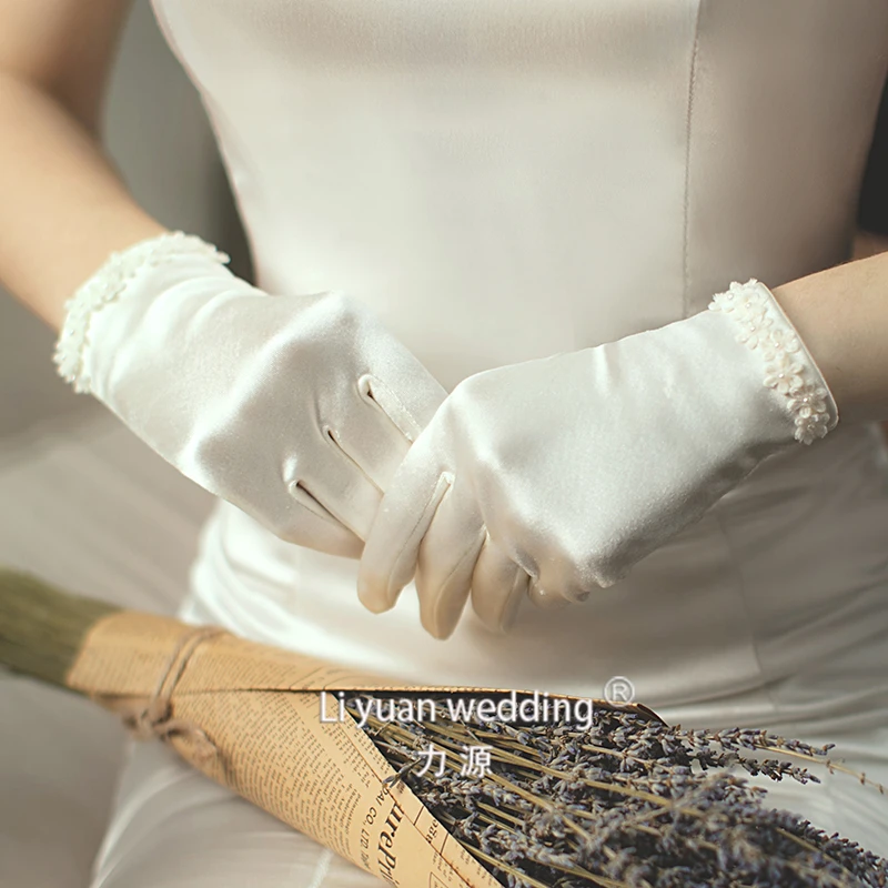 9401-1   Elegant Satin Glove With Pure Flowers Bridal Glove for Wedding