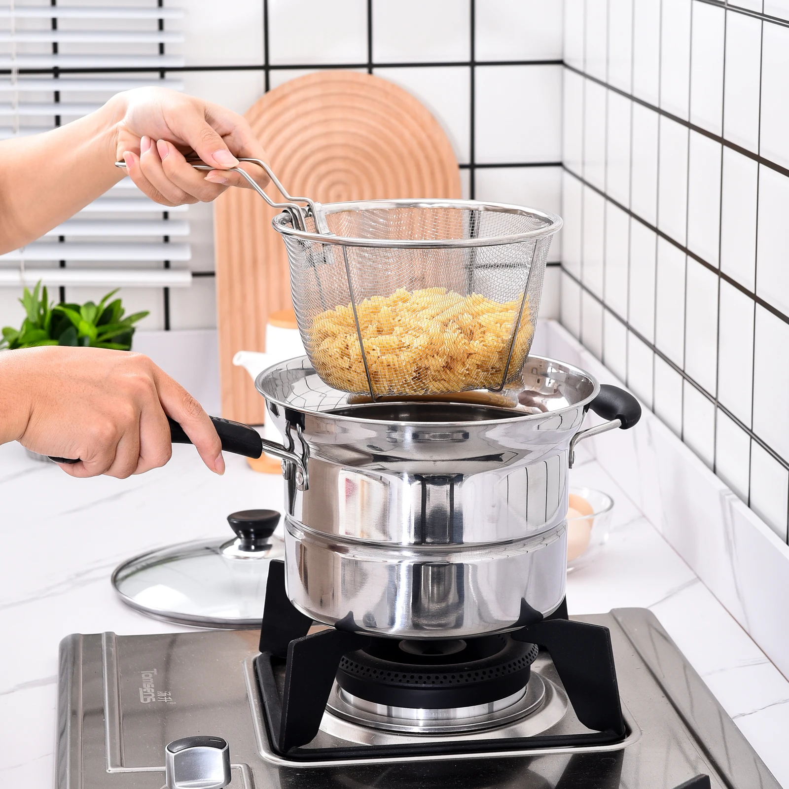 5 Pieces Stainless Steel Stock Pot Cooking Stock Pot with Strainer Rack Set Home Kitchen Cooking Tools