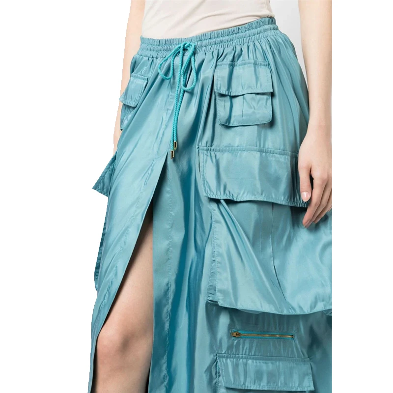 Polyester high waist tooling skirt drawstring waist edge multiple pockets decorated front slit fashion elegant extra long skirt