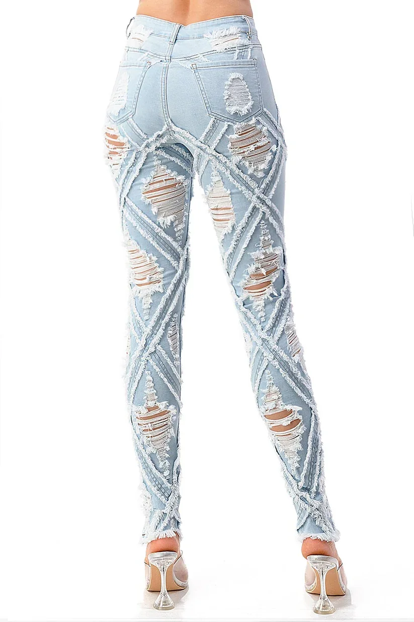 Women Clothing Manufacturer Custom Made High Waist Distressed Denim Tights Slim Fit Trousers Skinny Ripped Jeans for Women