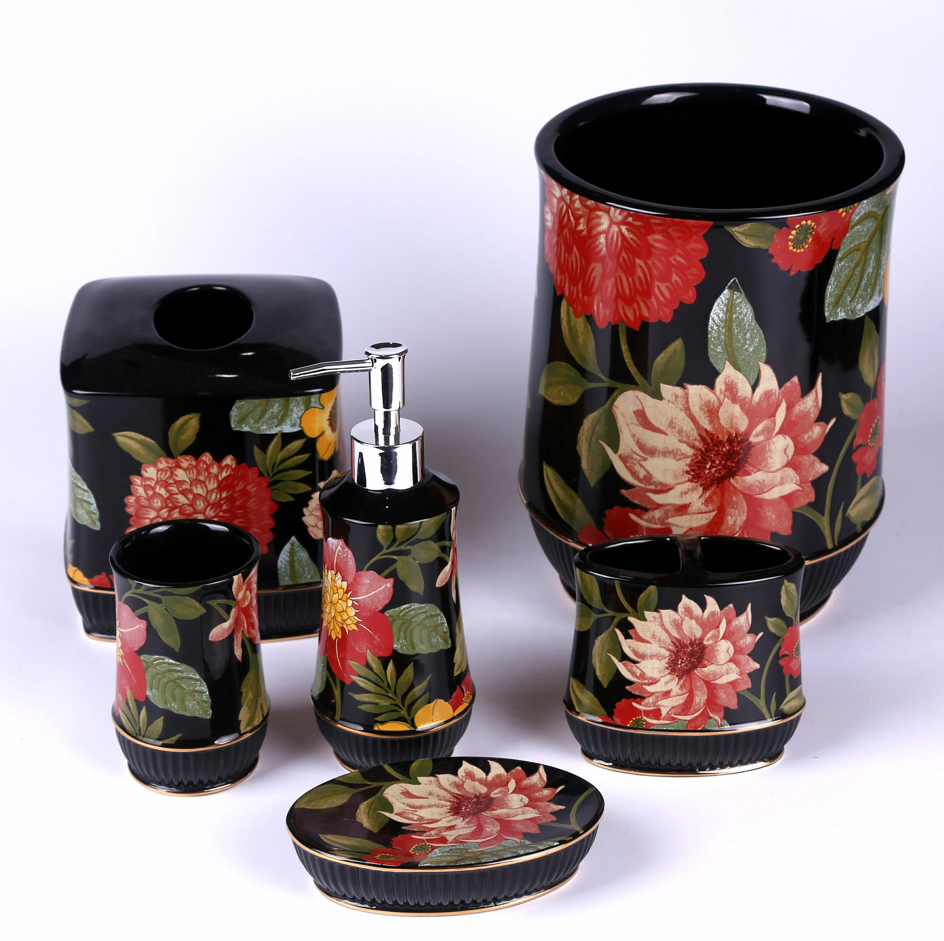 JIA SHUN 6 piece home hotel bathroom products black ceramic flower decal bathroom accessories set