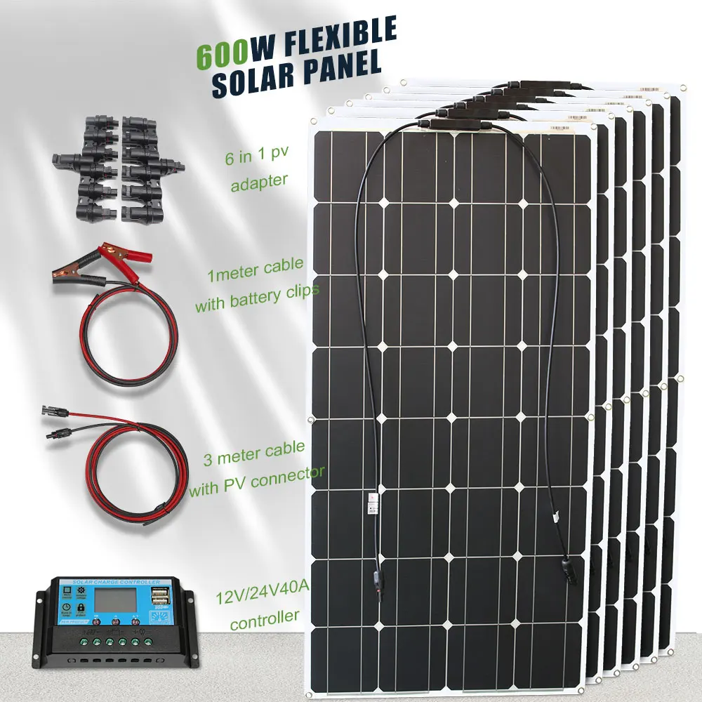 Портативные солнечные панели 600 Вт, 12 В, зарядное устройство для аккумуляторов с тонкой пленкой, 1000 Вт, 300 Вт, комплект для самостоятельной сборки энергосистем для домашнего монтажа на Rv, полный 5 В