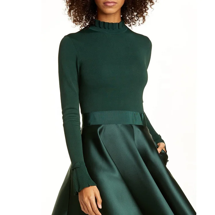 
Custom wholesale dress female long sleeve bow casual skirt green lady elegant evening dress 