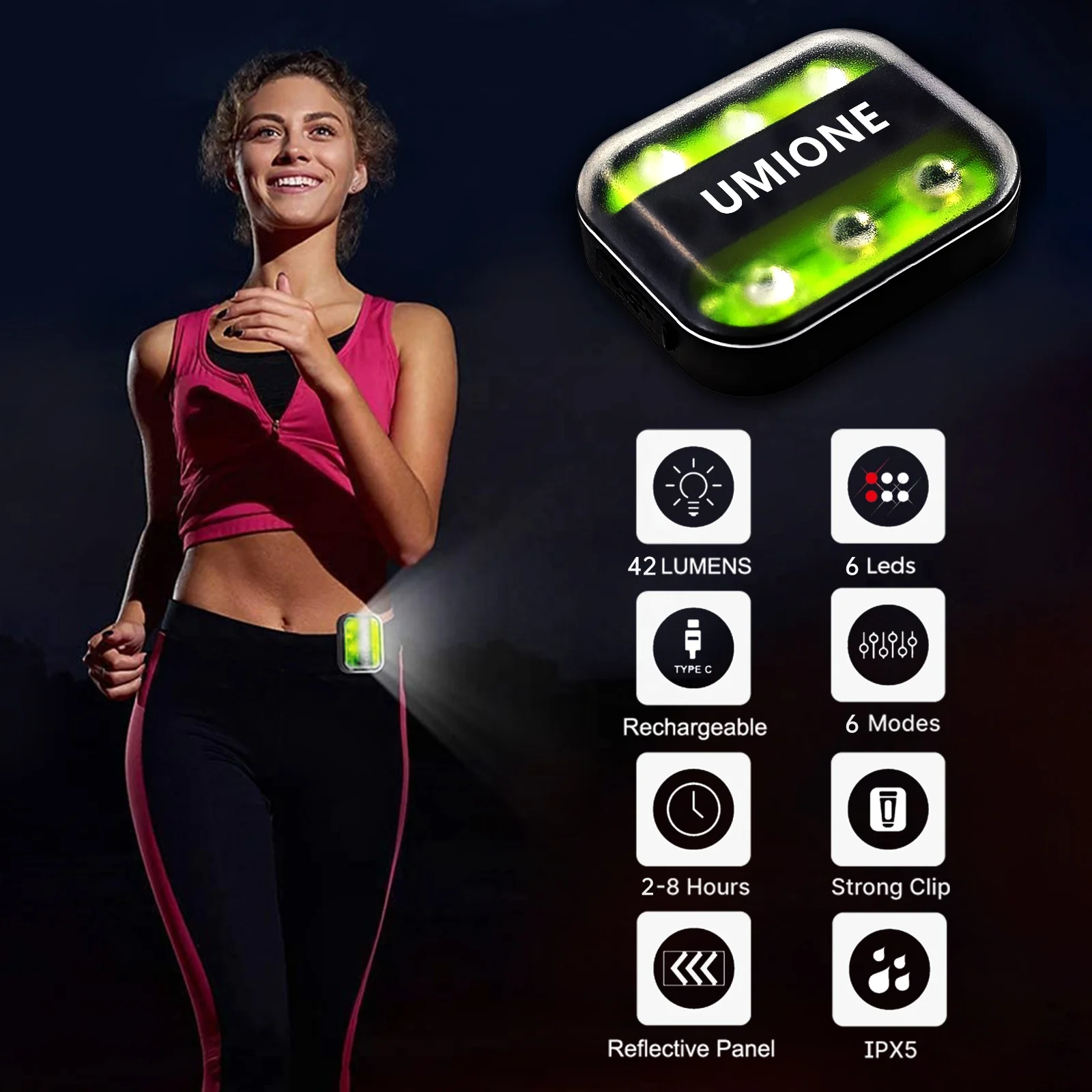 UMIONE BSCI Factory 6 LEDs Clip On Safety Light USB-C Rechargeable Running Lights For Runners With Reflector