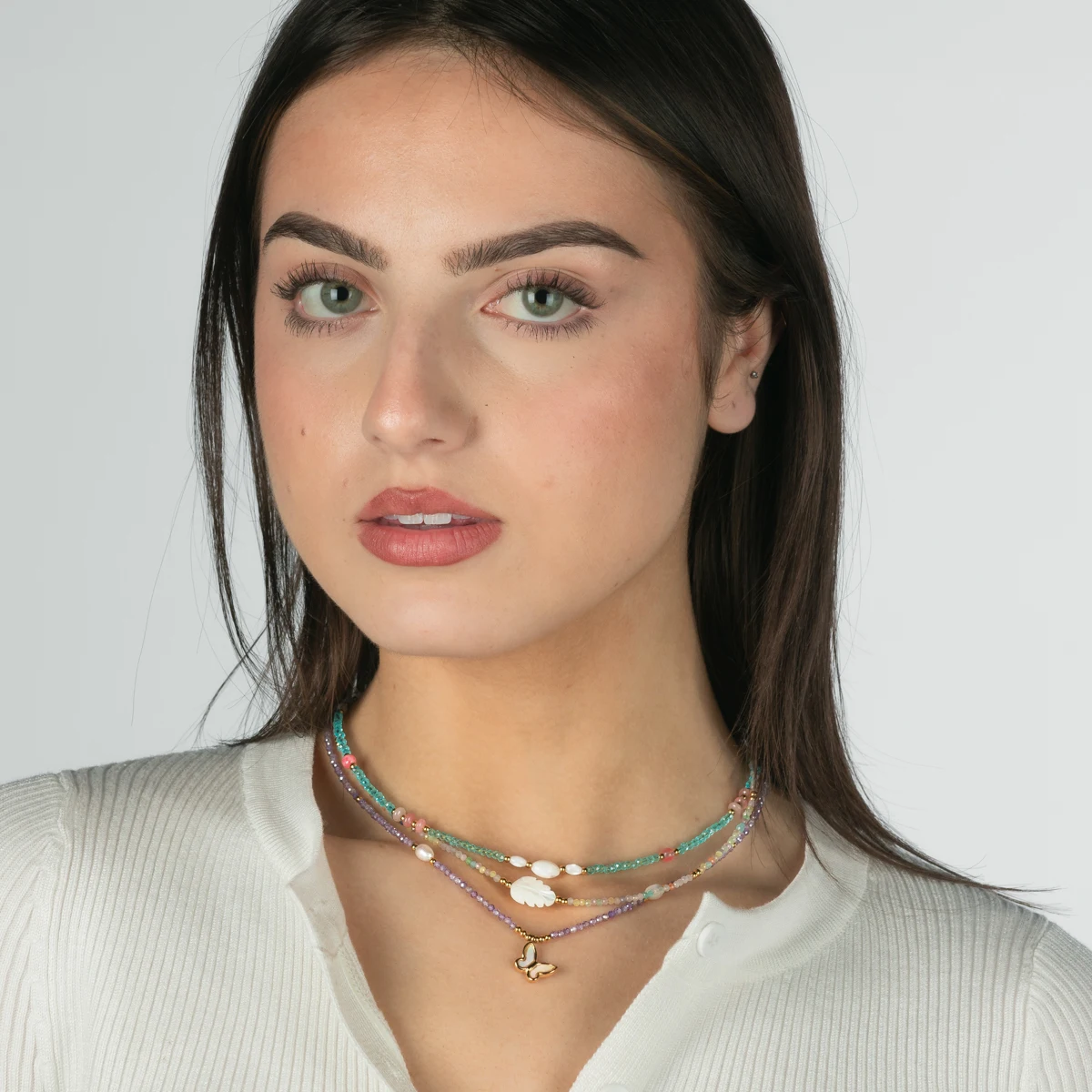 New Natural Stone Stainless Steel Necklace Butterfly Feather Pendant Colorful Beaded Clavicle Necklace