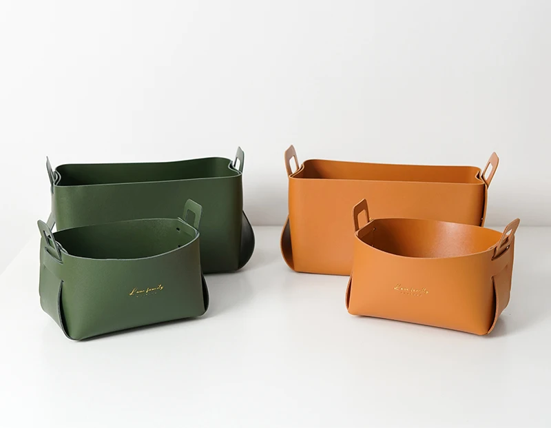 Small Basket Bin Leather Storage Basket, Foldable Shelf Desk Organizer Trays for Living Room, Office, Nursery, Home Decor