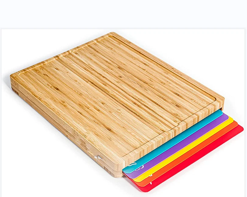 Easy-to-Clean Bamboo Wood Cutting Board Set with 5 Color-Coded Flexible Cutting Mats with Food Icons - Chopping Board Set