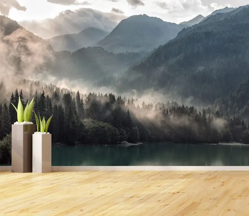 Foggy Mountains Vinyl Wallpaper Foggy Forest Wall Mural Foggy Landscape Misty Mountains Traditional Wall Decal Nature Wallpaper