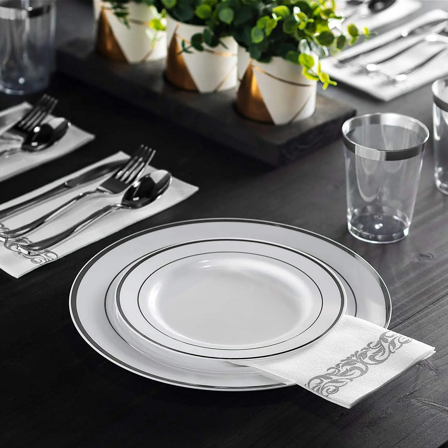 Silver rim Dinnerware Set Disposable - 25 guest Plastic Plates sets, Silverware, with Cups, Linen Like Napkin