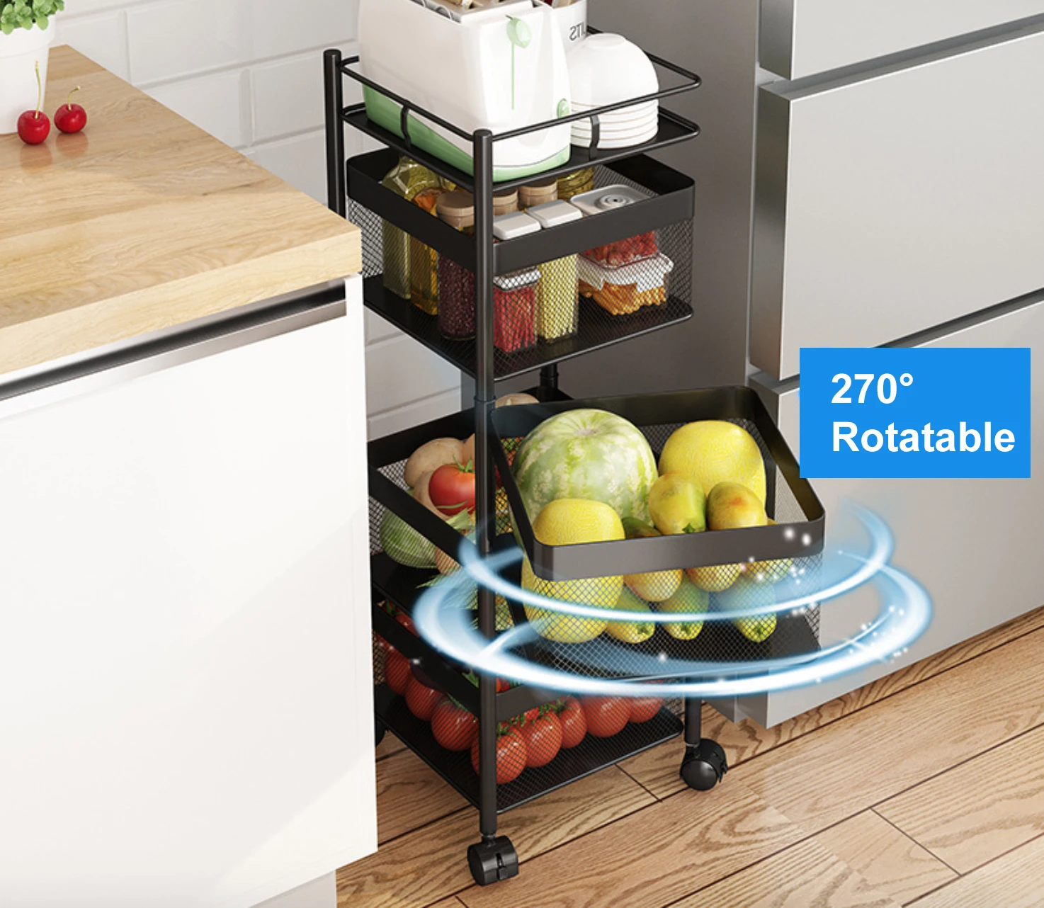Kitchen Shelf Square Layered Standing Shelf Unit Kitchen Storage Rotating Vegetable Rack Floor Standing Rack