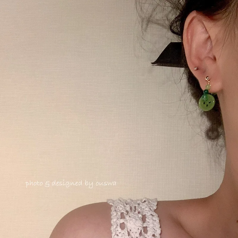 Handmade natural green stone gradient design 925 silver small hoop  needle hollow tube hoop women earrings