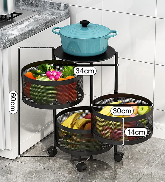 Mobile Rotating 5 layer Storage Rack Vegetable Fruit Mesh Rack Kitchen Trolley Cart