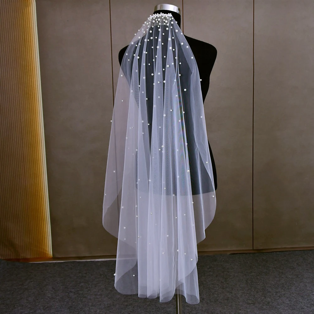 Bride Wedding Two Layer White Pearl Veil Encrypted Nail Beaded Mesh Gauze With Hair Comb Bridal Veils