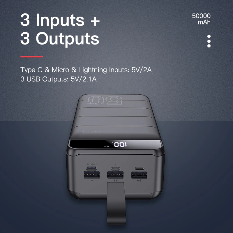 Newest design with flashlight led digital display quick charger usb-c port 50000mah power bank for MacBook