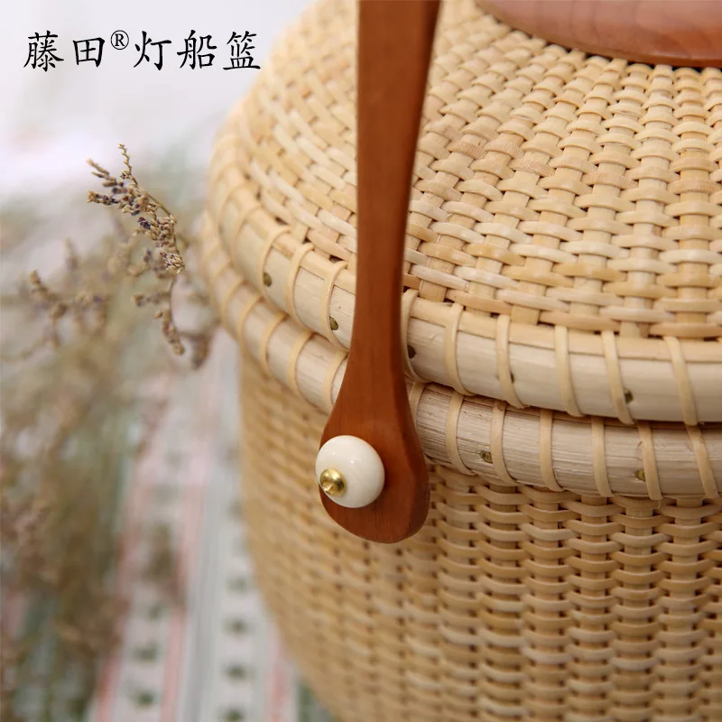 Camping Picnic Basket with Double Lids Storage Vine Basket Bamboo Rattan Weaving Storage Basket