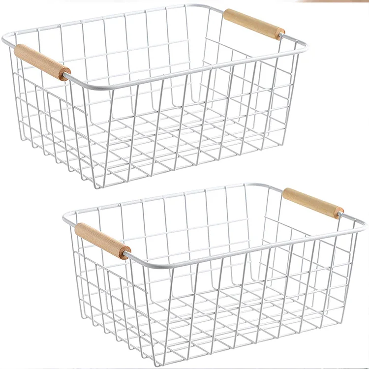 Customized harvest rust proof rectangle metal black wire mesh pantry basket with two wood built-in handle