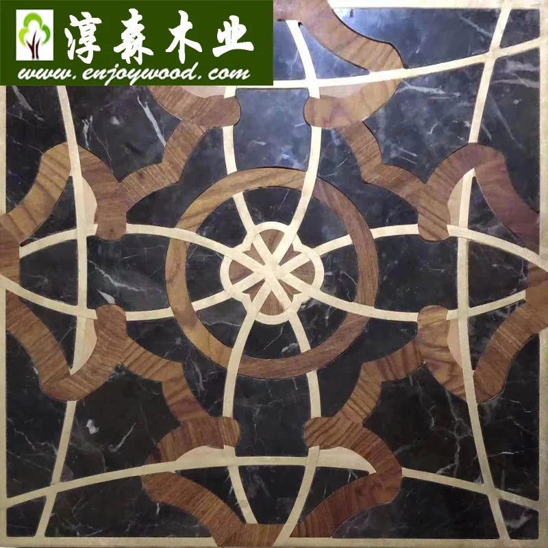 Black White Marble Stone inlay Wood Flooring & Brass Metal Inlay Wood Flooring Custom Design Wood Flooring