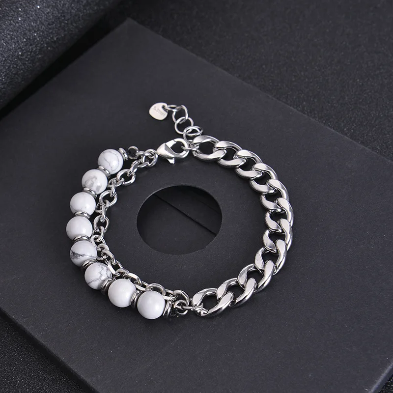 2022 New Latest 8 mm Natural Stone Lava Rock Tiger Eye and Stainless Steel Link Chain Two Layered Men Bracelet