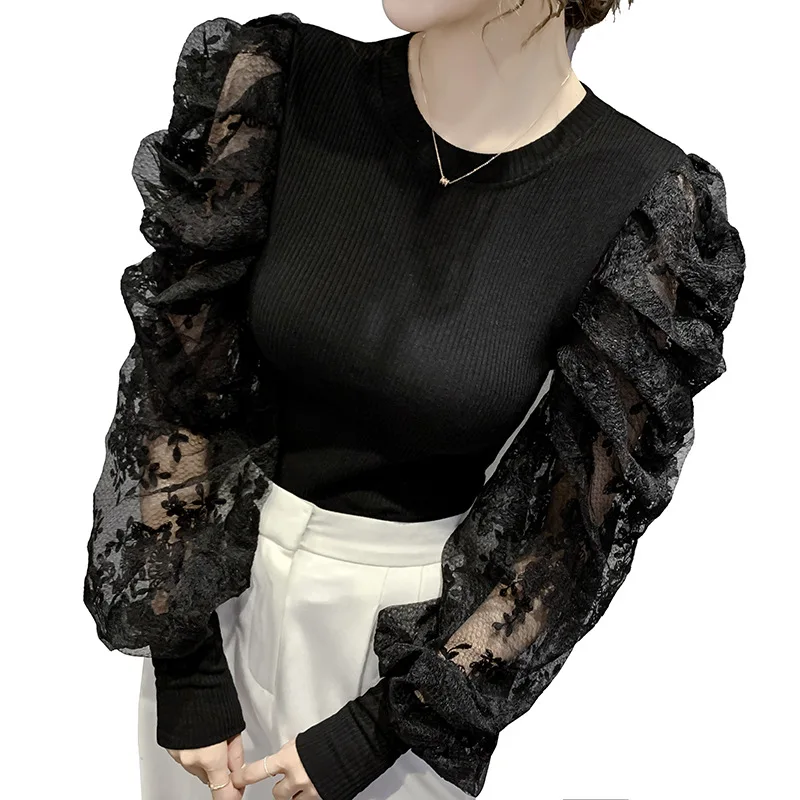 2021 New Design Fall Lace Puff Sleeve Slim Tops For Women Long Sleeve Ladies Blouses