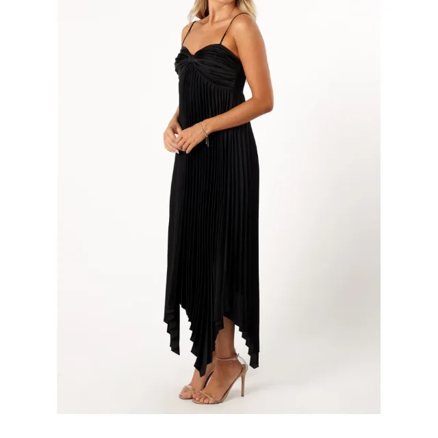 Joel low MOQ black satin fabric pleating design uneven hem ladies fashion dresses for party
