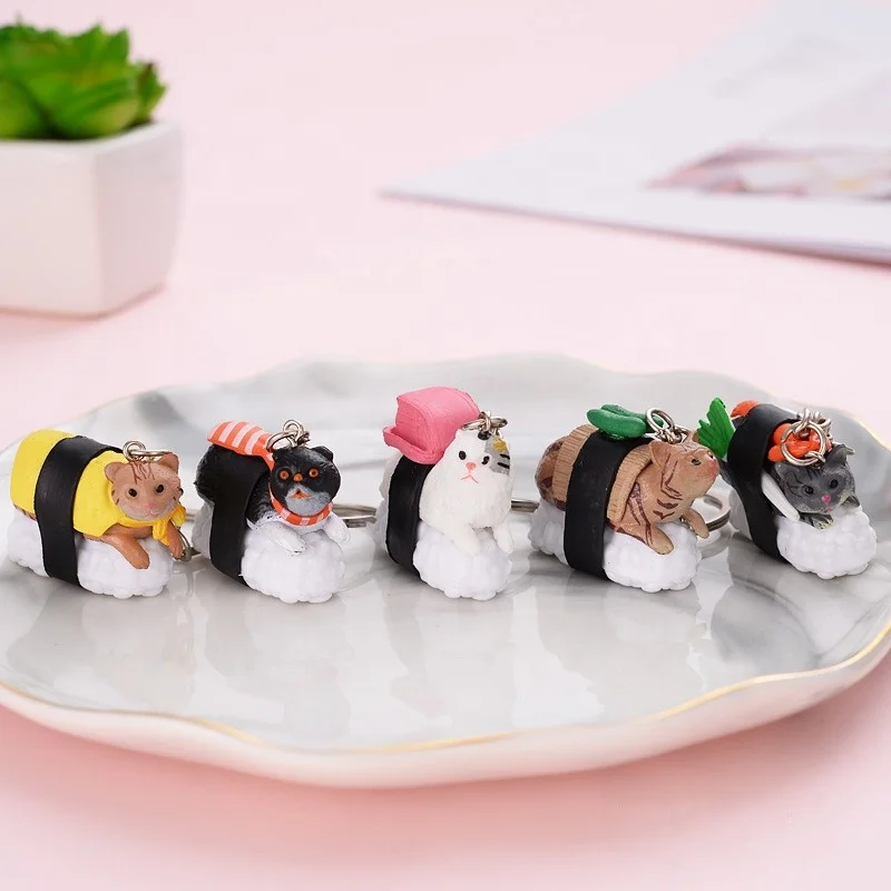 
Hot Selling New Personality Funny Creative Cat Sushi Resin Metal Keychain 