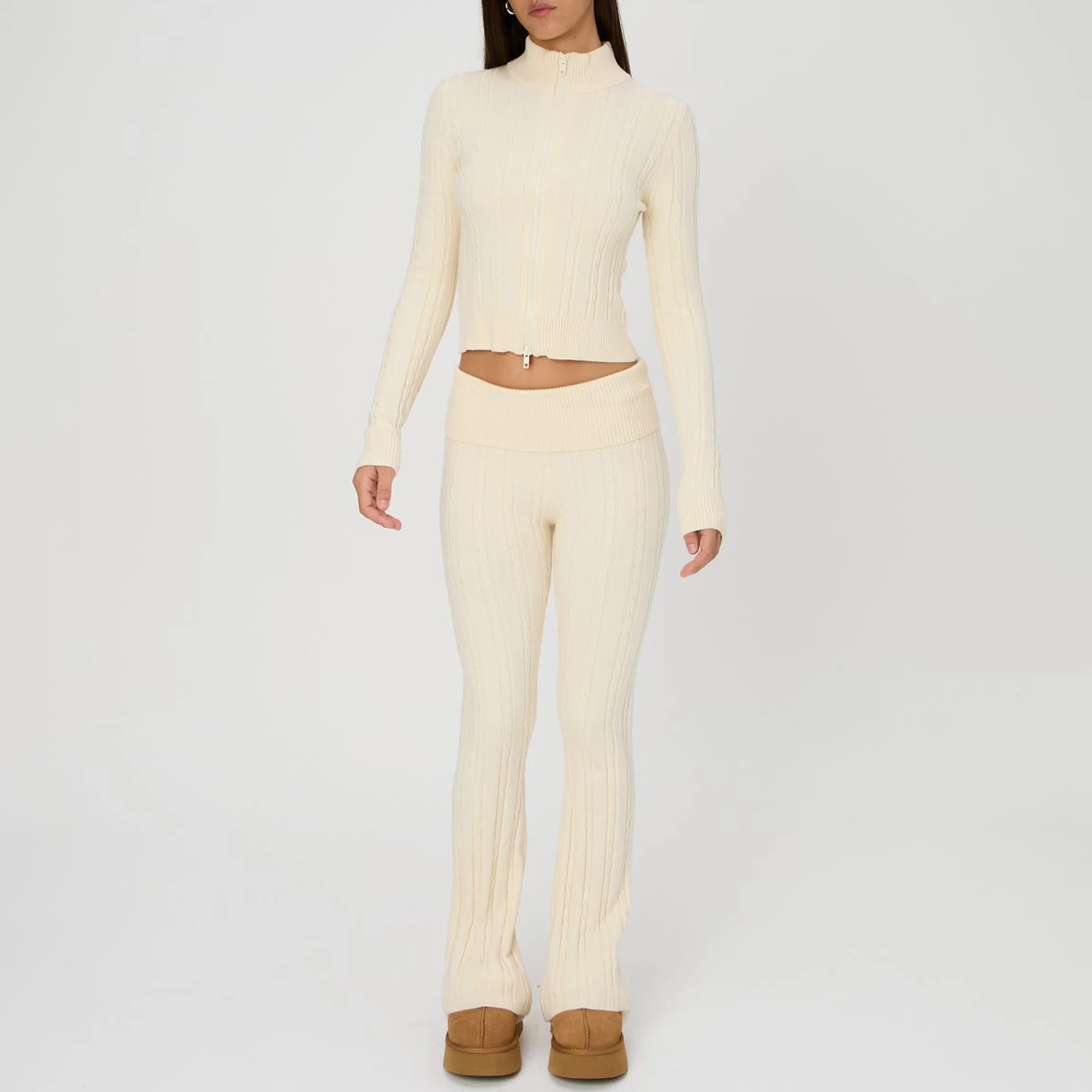 Custom Wholesale Crew Neck Solid Breathable Women Winter Cashmere Cable Knit Sweater Pants Set Women Clothing