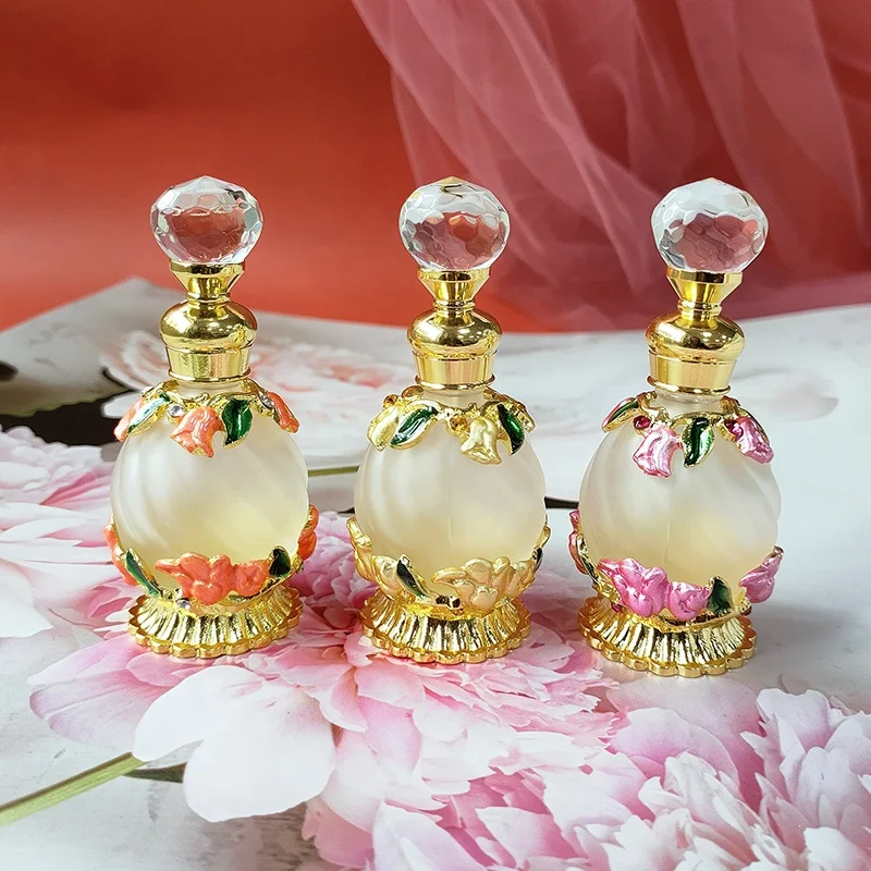 15ml European Middle East Dubai Patent Metal Tulip Flower Perfume Bottle Glass Essential Oil Attar Bottle Factory Outlet#81144SG