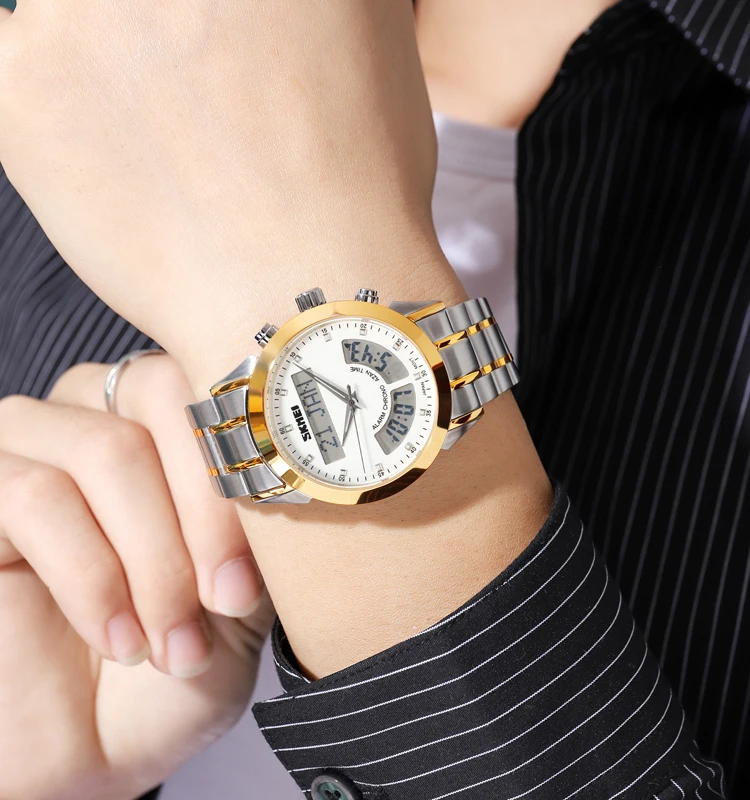 SKMEI Q036 New Arrival Men  Digital Watches Fashion Luxury Brand Watch Dual Time Stainless Steel Leather Men Wristwatch