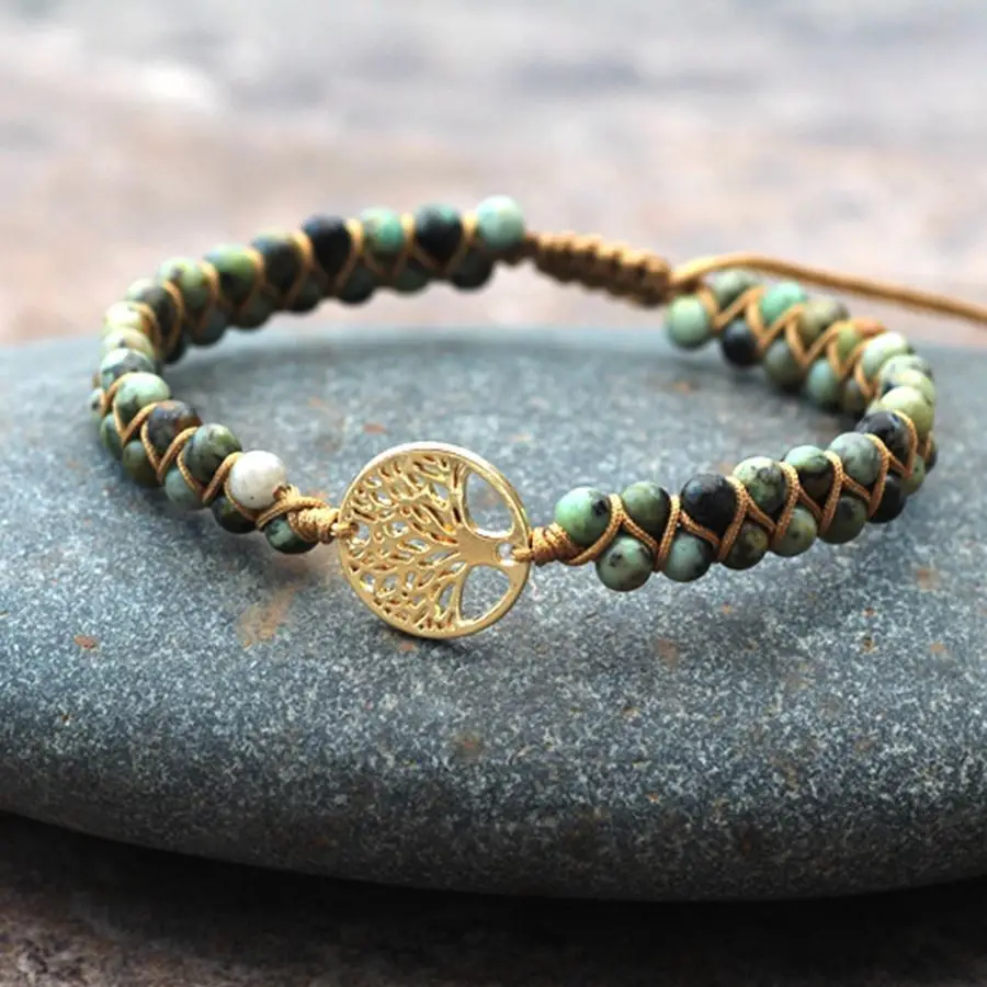 New fashion 4mm Natural Stone Bracelet for Women African Turquoise Gemstone Bracelet Handwoven Tree of Life Crystal Bracelet