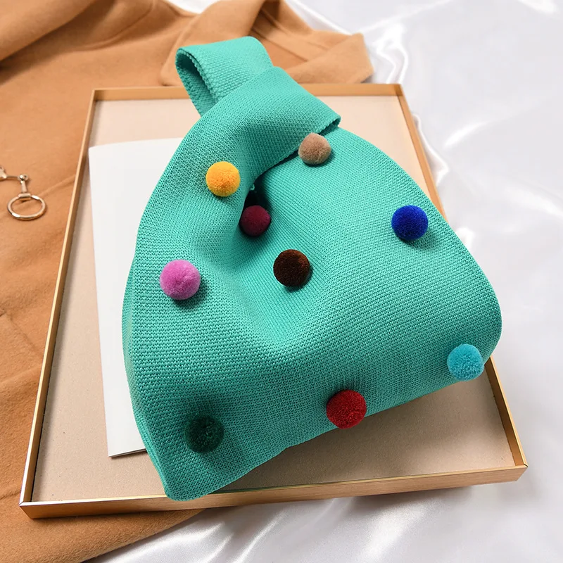 Wholesale Korean Style Ladies Small Clutch Purse Japanese Knitted Knot Bag Women Cute Crochet Clutch Handbag With Pom Pom