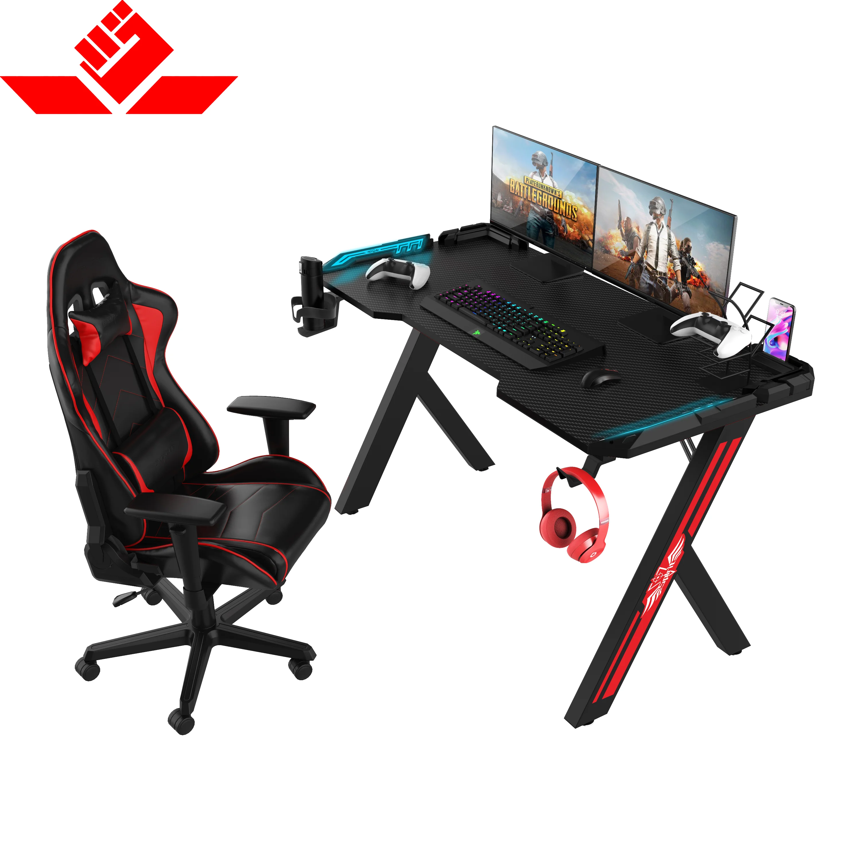 High Quality 100cm R Shaped Large Desktop Gaming Desk Carbon Fiber E-sport Desk with Cup Holder Headphone Hook Gaming Tables