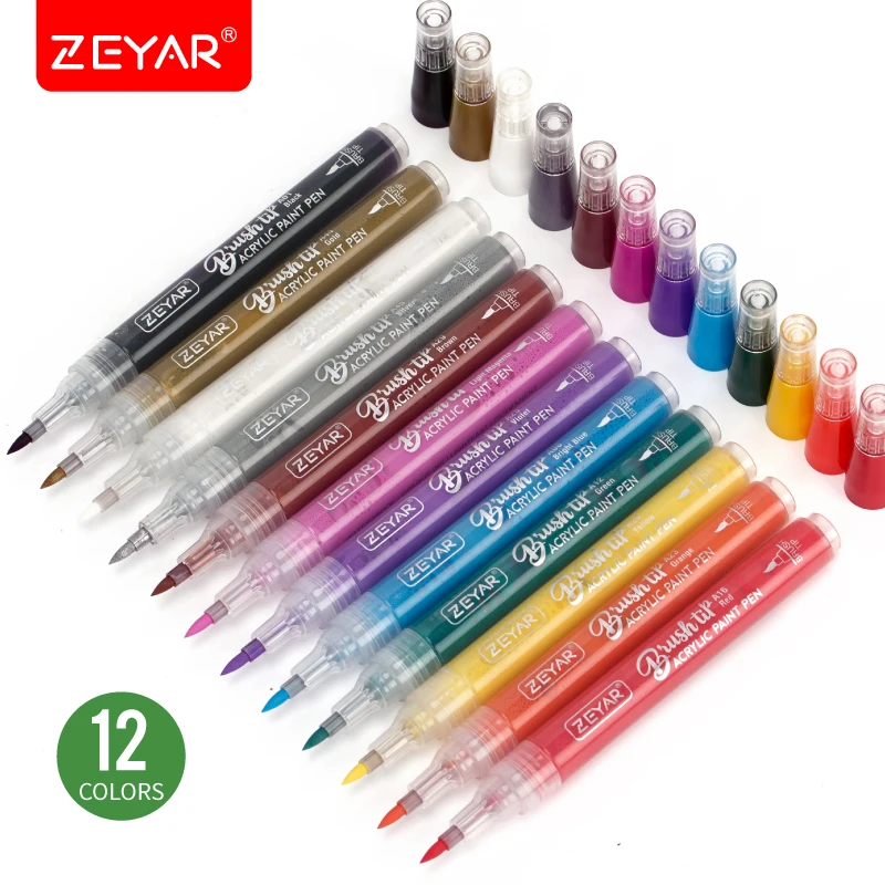 ZEYAR Acrylic Paint Pens Brush tip 12 Colors Soft Touch NEW Design Waterproof Ink Works on Rock, Wood, Glass, Ceramic