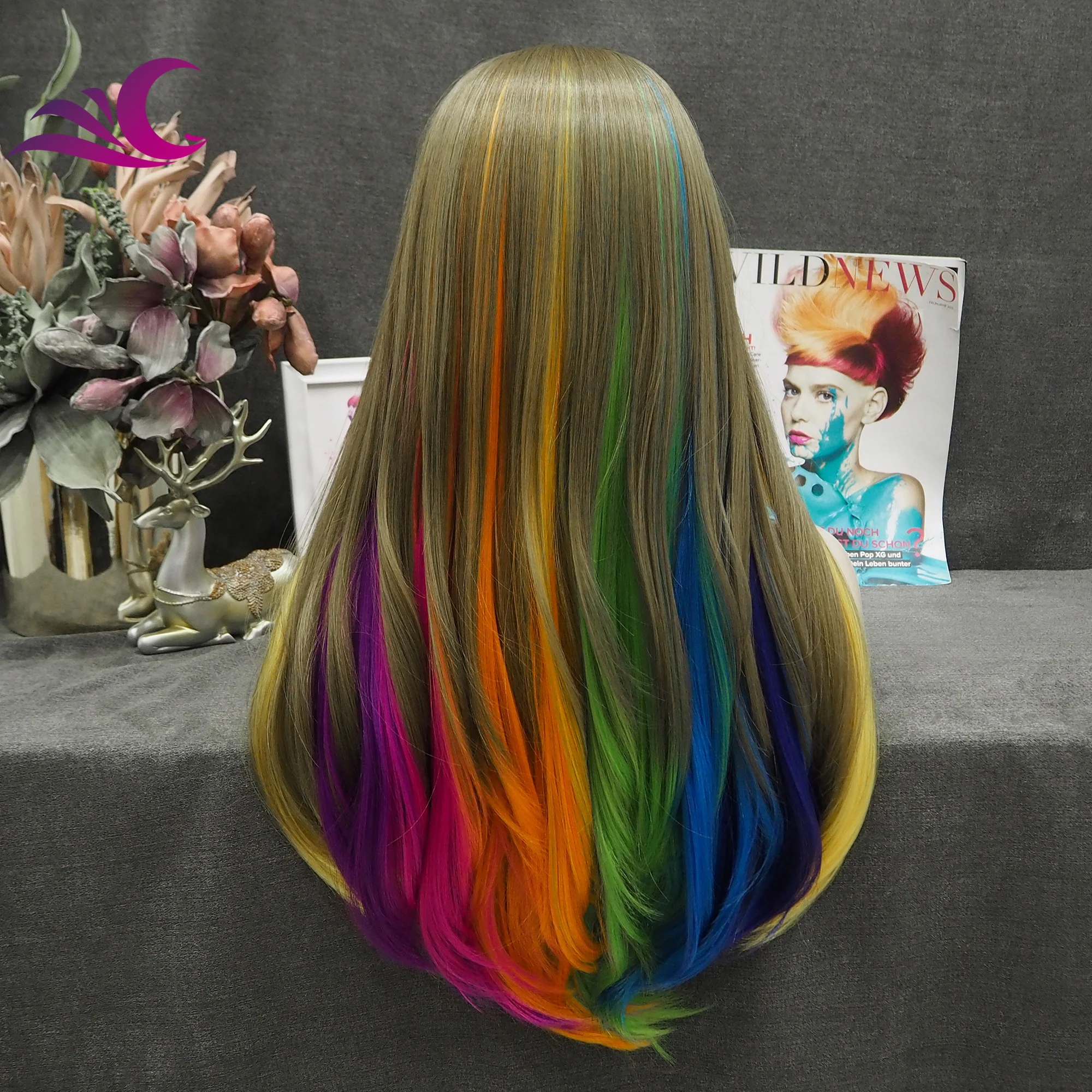 Celebrity Ombre Brown Rainbow Multicolor Wig Silky Straight Heat Resistant Fiber Synthetic Lace Front Wig for Cosplay