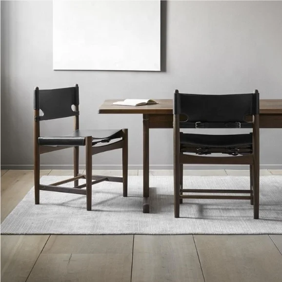 Mid Century Danish Design OAK Walnut Wood Handmade Chair Vegetable Tanned Saddle Genuine Leather Vintage Spanish Dining Chair