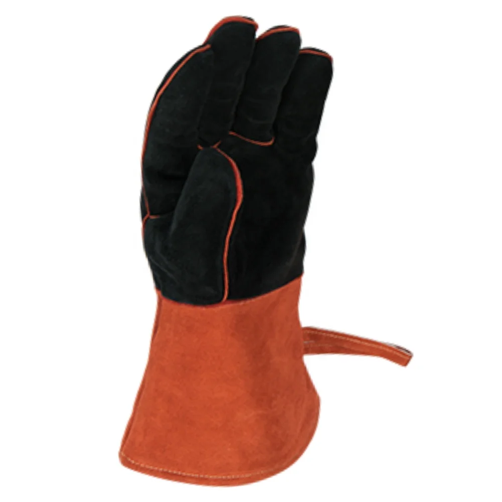 Safety Hand Welding Gloves Heat Resistant Cow Split Leather Inner Full Fleece And Denim Jeans Cuff