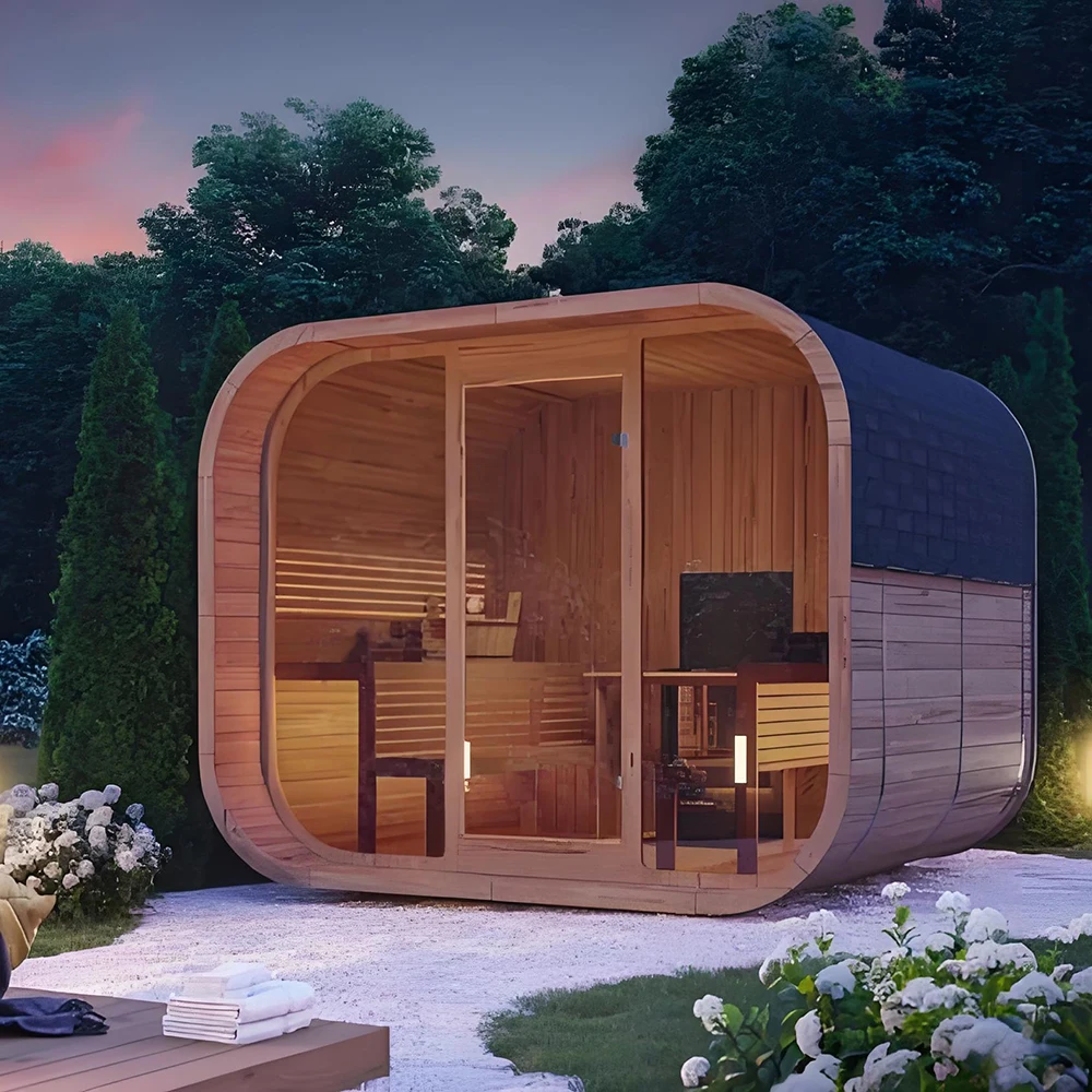 custom stylish 4-person outdoor cubic sauna Traditional sauna Infrared sauna Wooden house with Windows