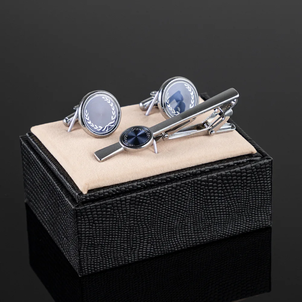 PDANY Custom Mens Tie Pin Cufflinks Blue Crystal Circular Classic Tuxedo Shirt Cufflinks Tie Clip Set for Men Business Wedding