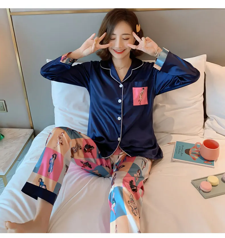 
Cheap Pajamas Women Silk Plus Size Sleepwear Homewear Pyjama Femme Pijama Seda Piyama Pillamas De Mujer Two Piece Set 