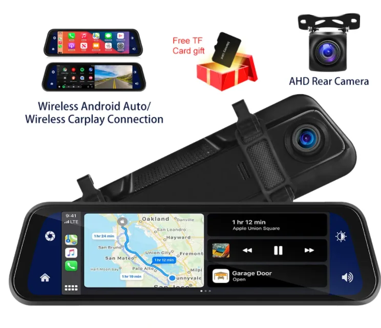9.66' Dual Lens Dash Cam Front and Rear HD IPS Touch Screen Car Mirror DVR Wireless Carplay & Android Auto BT AI Voice