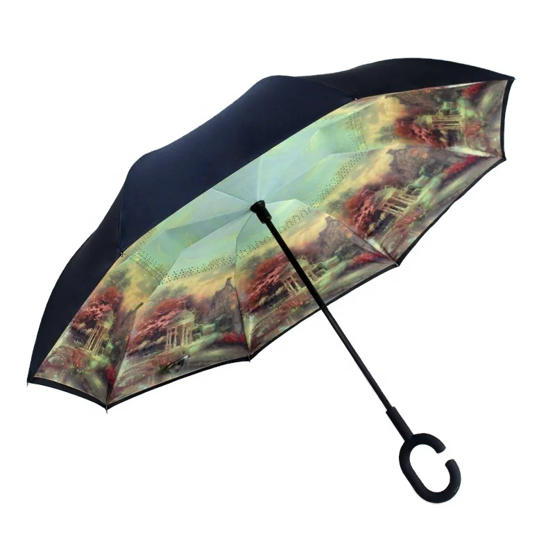 Новый двухслойный инвертированный Зонт с C-образной ручкой, защищенный от уф, водонепроницаемый, ветрозащитный, прямой зонт для автомобиля, от дождя, для использования на улице