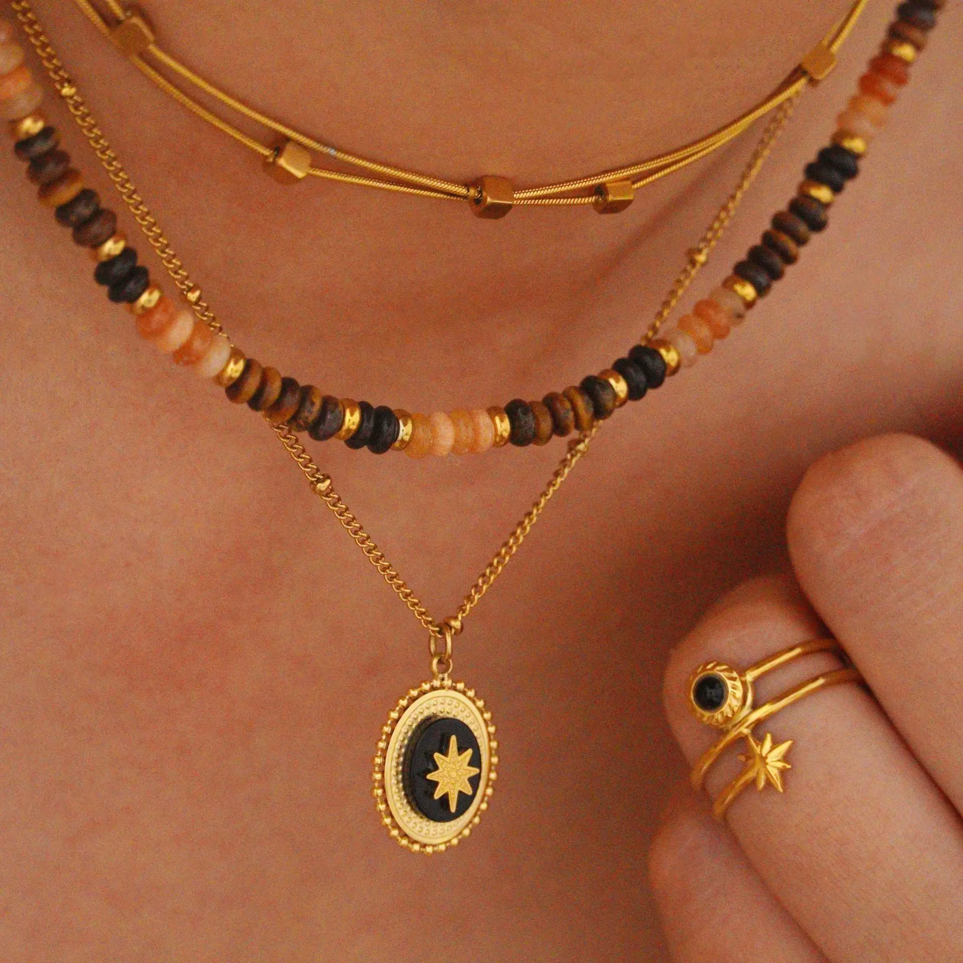 2024 Summer Jewelry For Women Black Agate Stone Beads Stainless Steel 14k Gold Plated Anti Tarnish Wholesale Jewelry Necklace