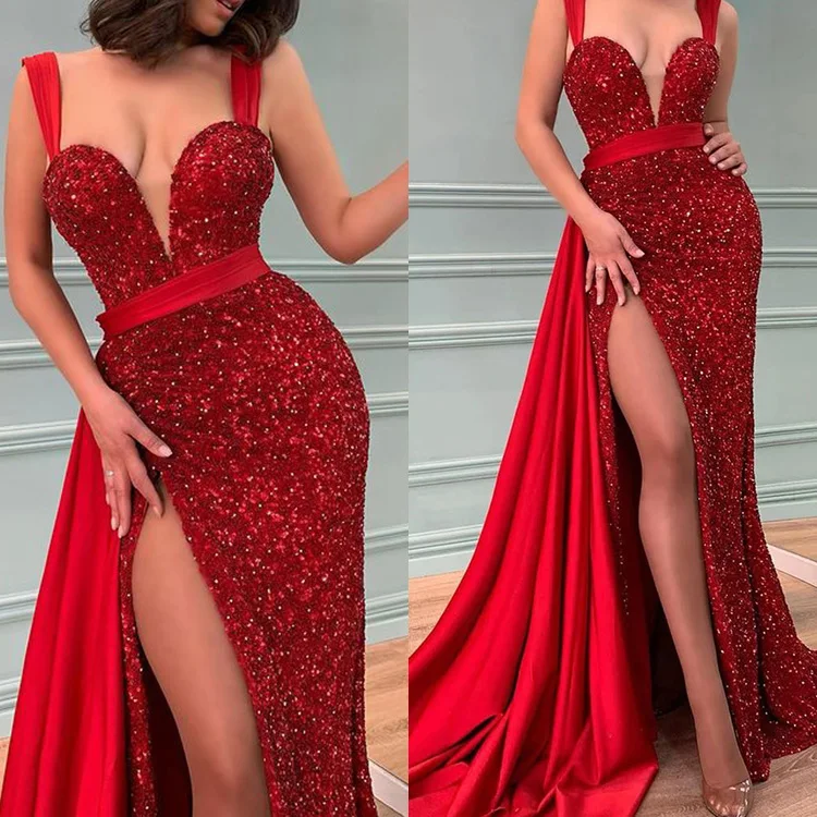 Split Red Sexy Long Temperament Trailing Sequin Evening Dress one shoulder bandage dress