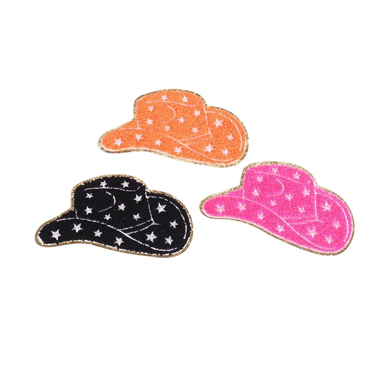 2022 Wholesale hot embroidery iron on patches big heat press gold glitter star cow boy hat shaped chenille patches for clothing